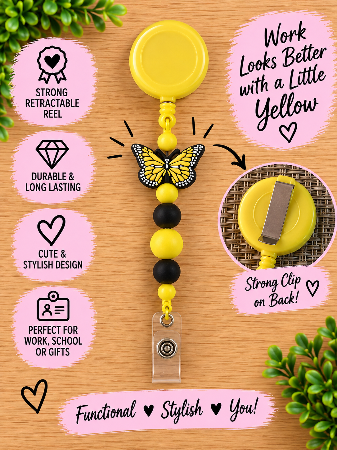 Yellow & Black Butterfly Beaded Badge Reel