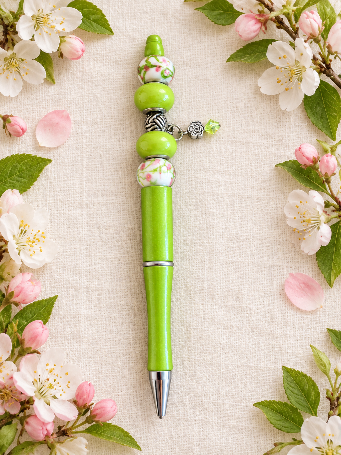Handcrafted Spring Floral Handmade Charm and Beaded Ink Pen