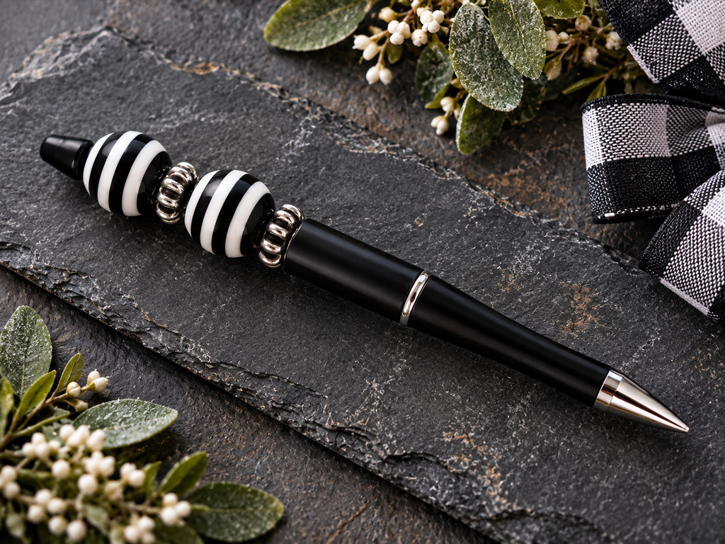 🖤 Beautifully Simple & Striped — Hand-Beaded Black Ink Pen 🤍