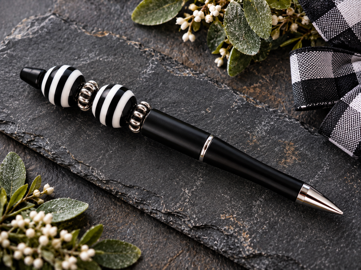 🖤 Beautifully Simple & Striped — Hand-Beaded Black Ink Pen 🤍