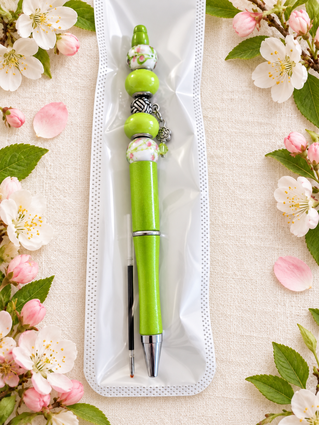 Handcrafted Spring Floral Handmade Charm and Beaded Ink Pen