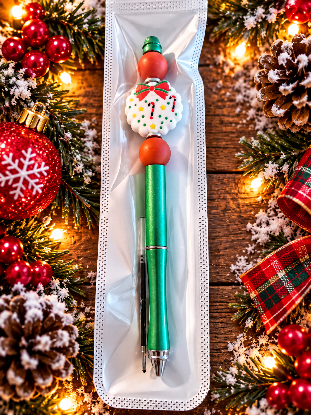🎄 Candy Cane Wreath Handcrafted Black Ink Pen