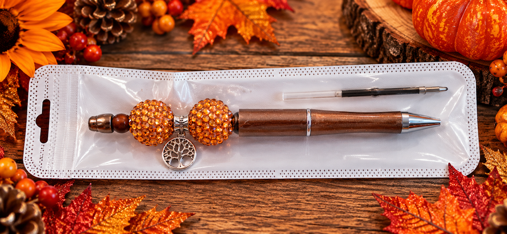 Fall Themed Tree-of-Life Charmed Black Handcrafted and Beaded Ink Pen