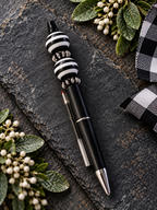 🖤 Beautifully Simple & Striped — Hand-Beaded Black Ink Pen 🤍