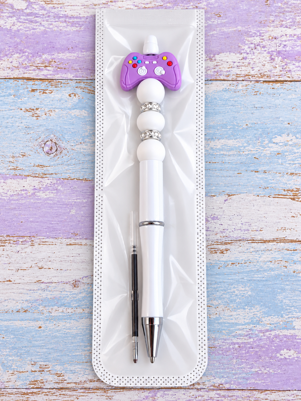 Purple Game Controller Handcrafted and beaded Black Ink Pen