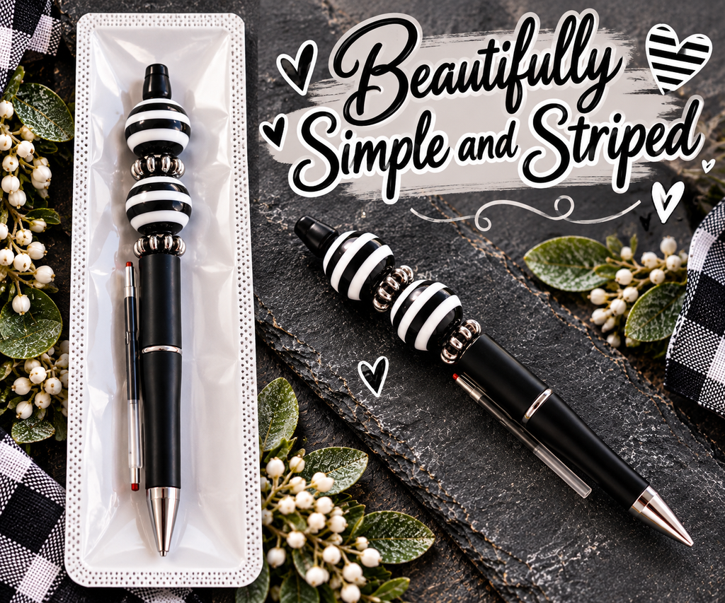🖤 Beautifully Simple & Striped — Hand-Beaded Black Ink Pen 🤍