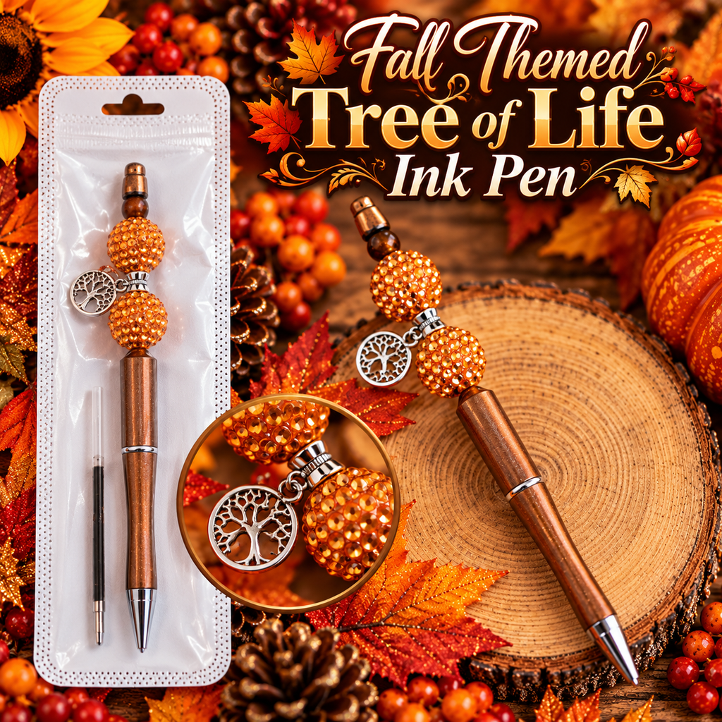 Fall Themed Tree-of-Life Charmed Black Handcrafted and Beaded Ink Pen