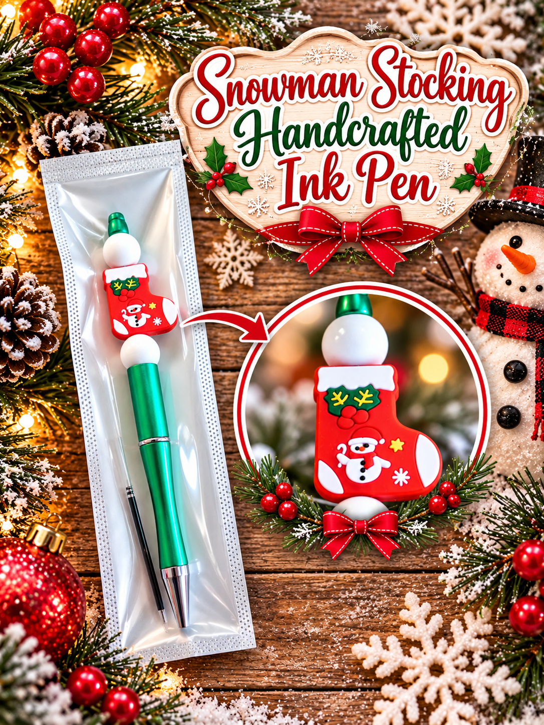 ☃️ Snowman Christmas Stocking Handcrafted Ink Pen 🎄