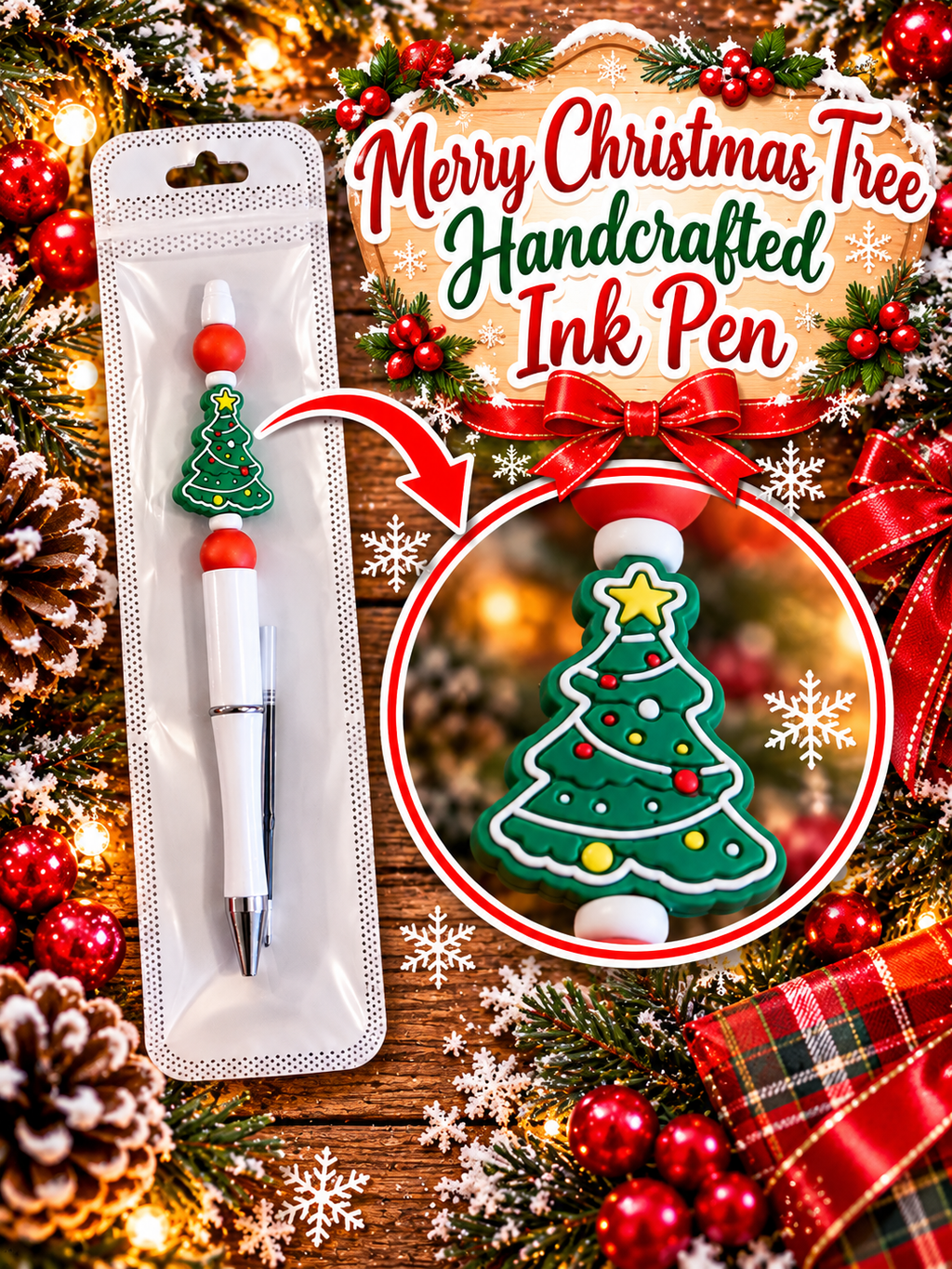 🎄 Merry Christmas Tree Beaded Handcrafted Ink Pen