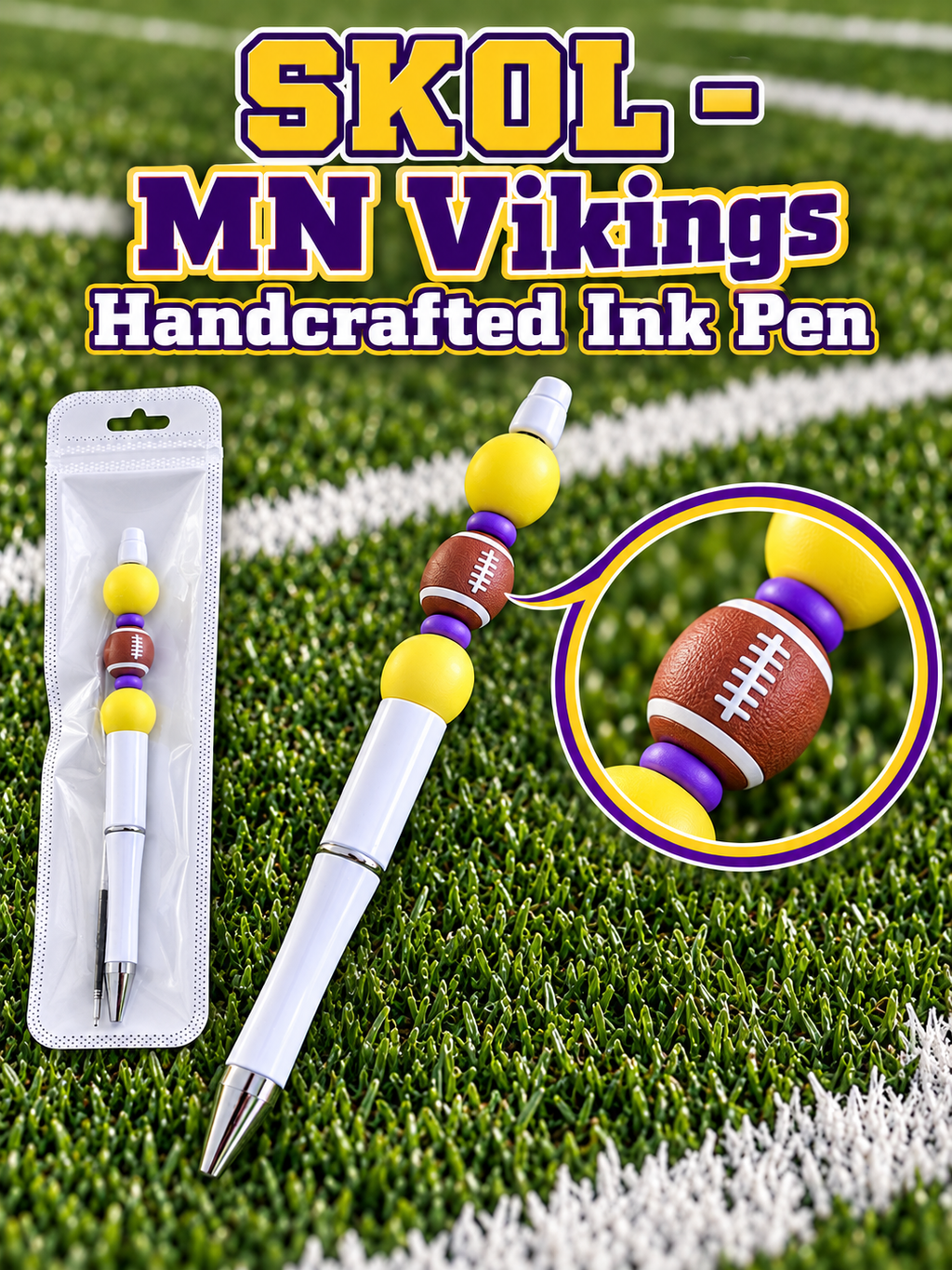 SKOL MN Vikings Fan's Handcrafted and Beaded Black Ink Pen