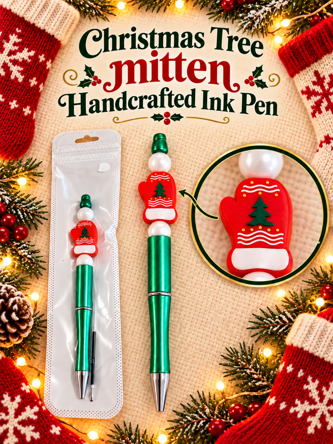Christmas Tree Winter Mitten Handcrafted Ink Pen