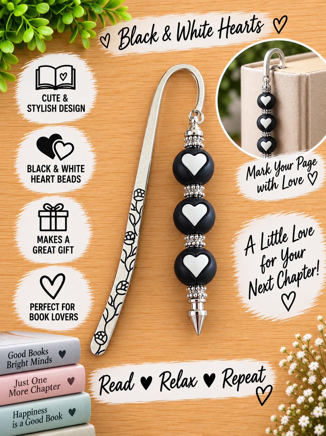 Handcrafted Black & White Hearts, Silver-Toned Bookmark