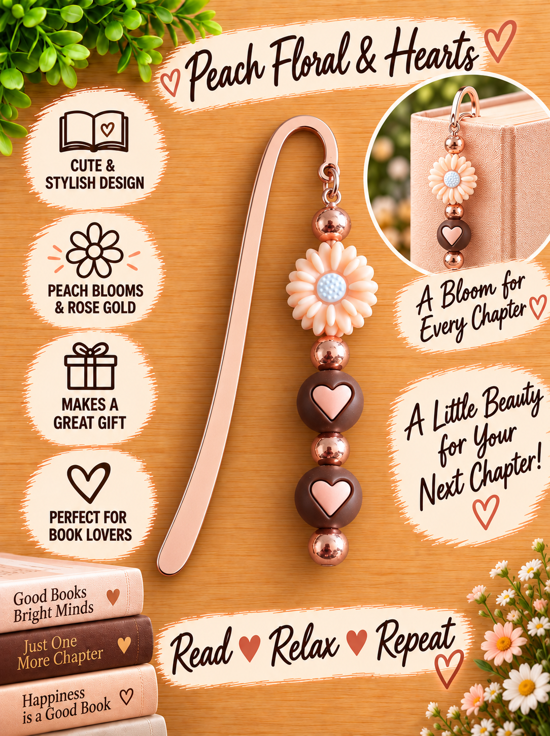 Handcrafted Peach Floral & Hearts Rose Gold-Toned Bookmark