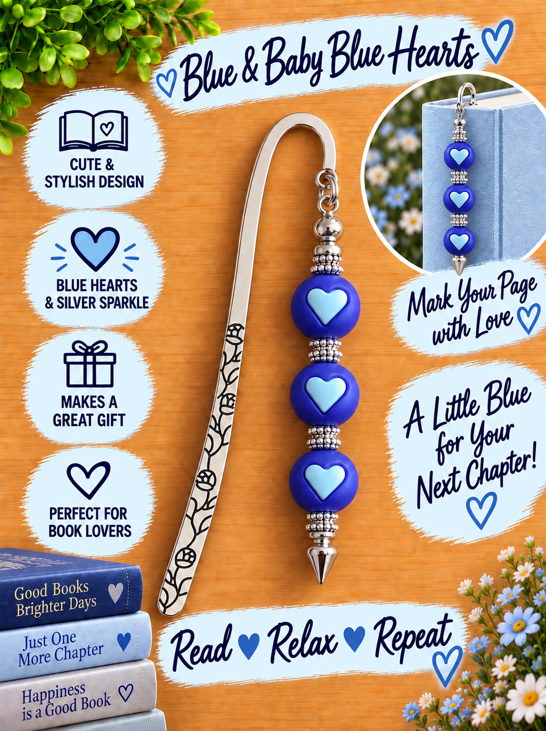 Handcrafted Blue & Baby Blue Hearts Silver-Toned Bookmark
