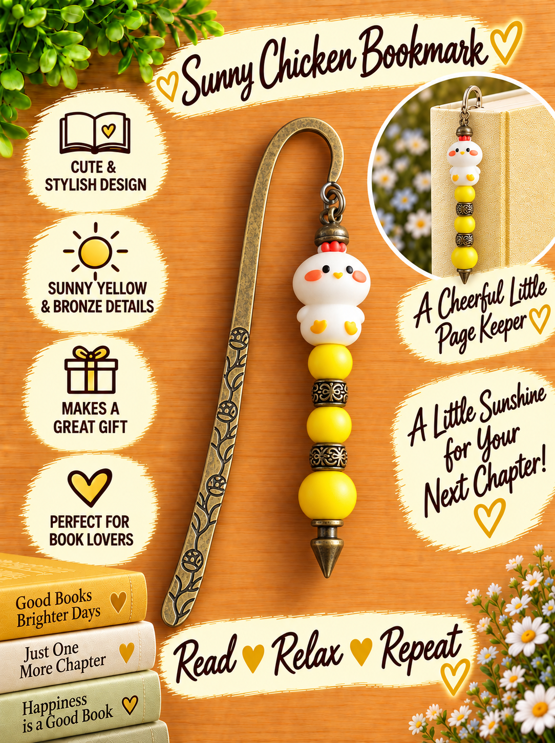 Handcrafted Sunny Chicken Bronze-Toned Bookmark