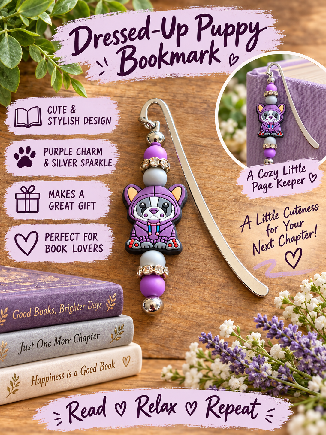 Handcrafted Dressed-Up Puppy Silver-Toned Bookmark