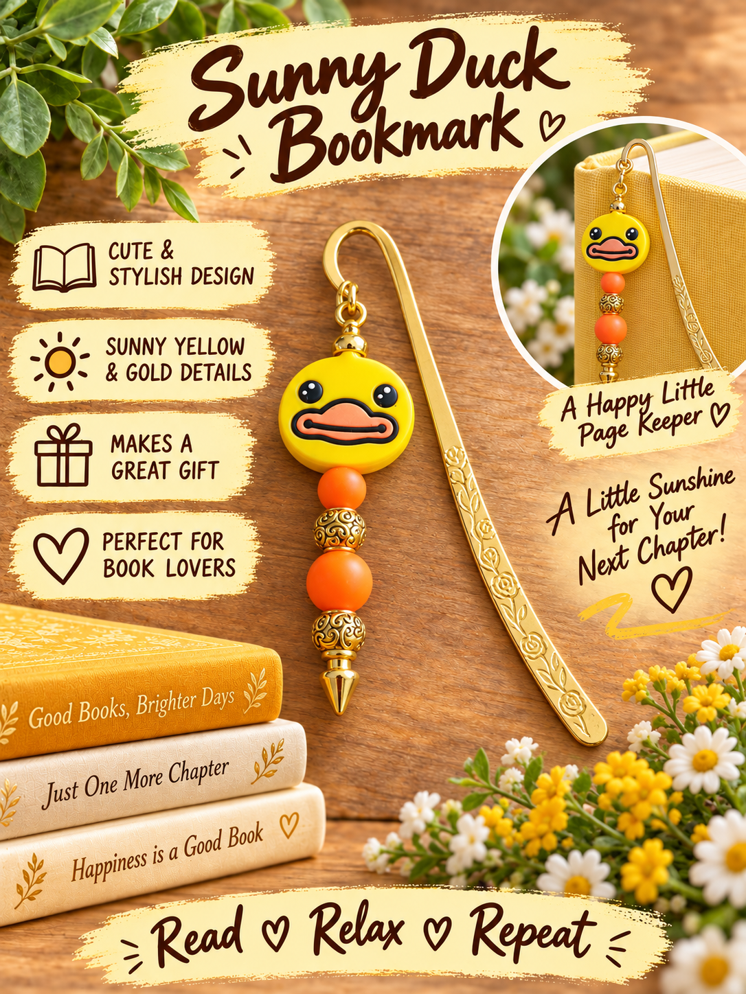 Handcrafted Sunny Duck Gold-Toned Bookmark