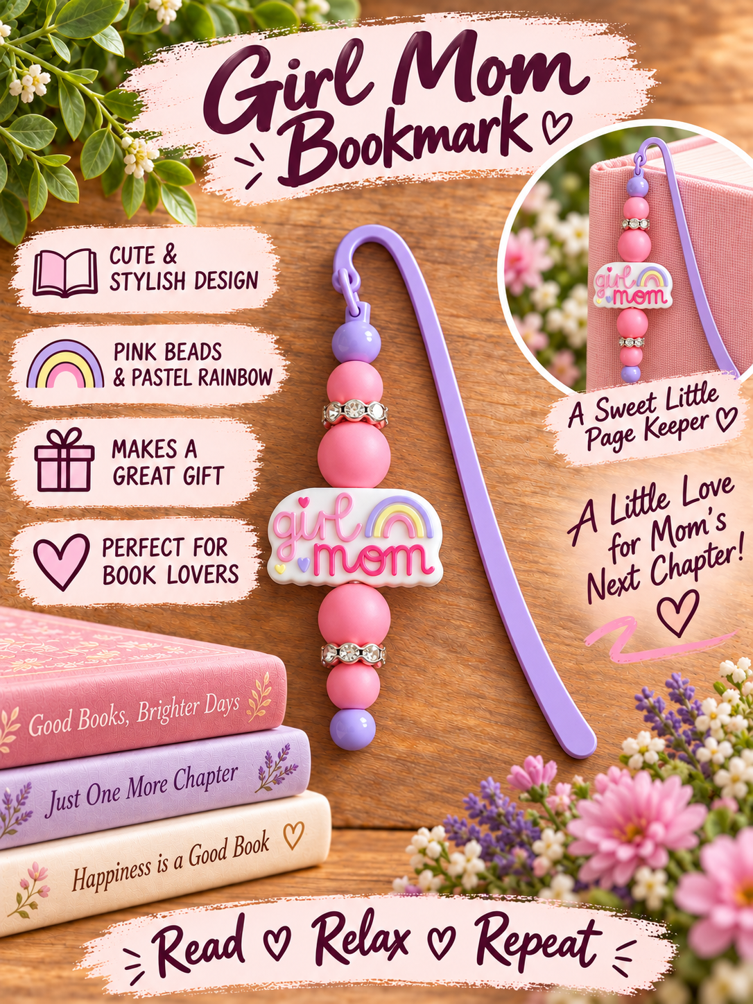 Handcrafted Pastel Purple “Girl Mom” Bookmark