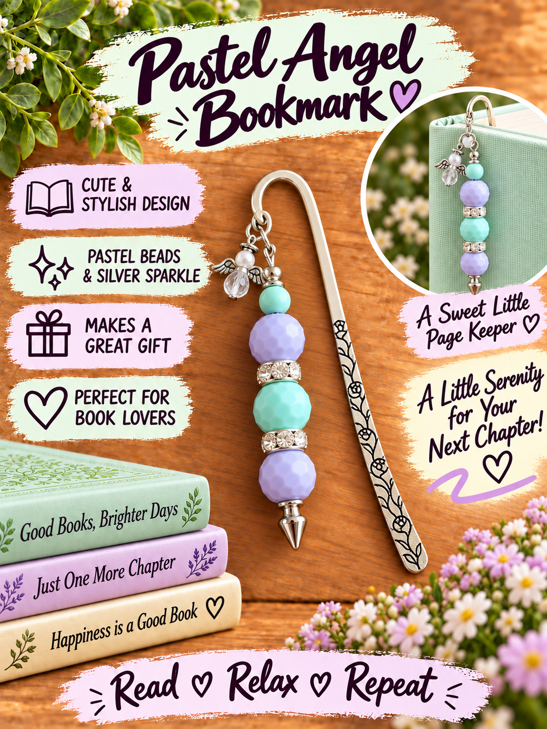 Handcrafted Silver-Toned Pastel Angel Bookmark