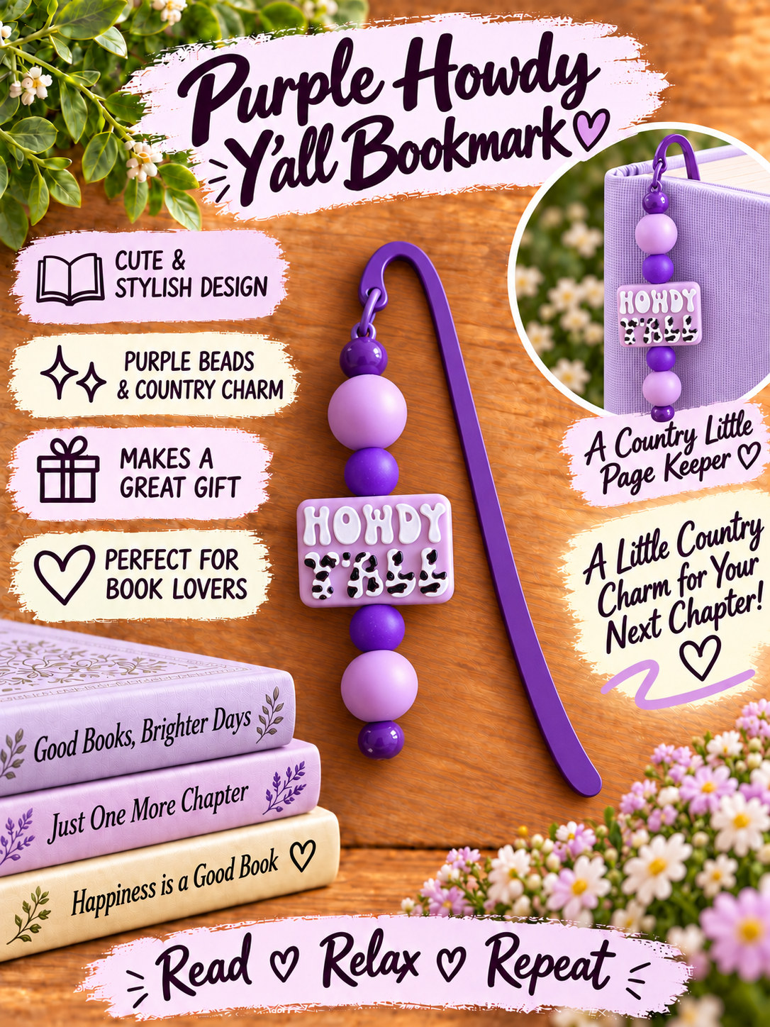 Handcrafted Purple Howdy Y'all Bookmark