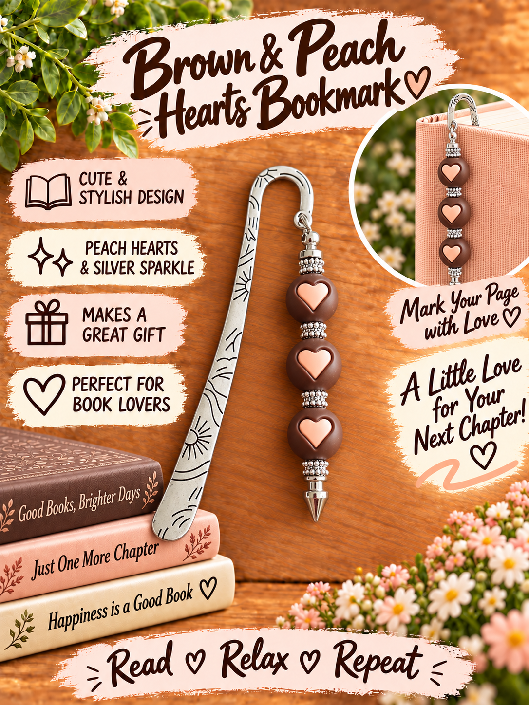 Handcrafted Silver-Toned Brown & Peach Hearts Bookmark