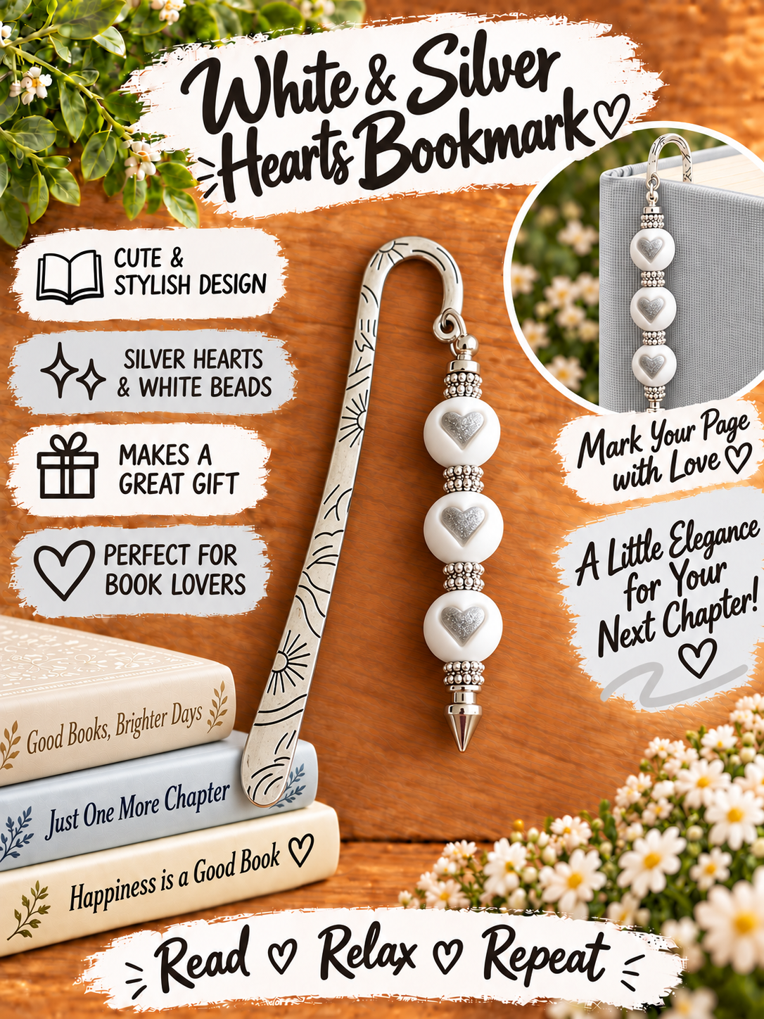 Handcrafted Silver-Toned White & Silver Hearts Bookmark
