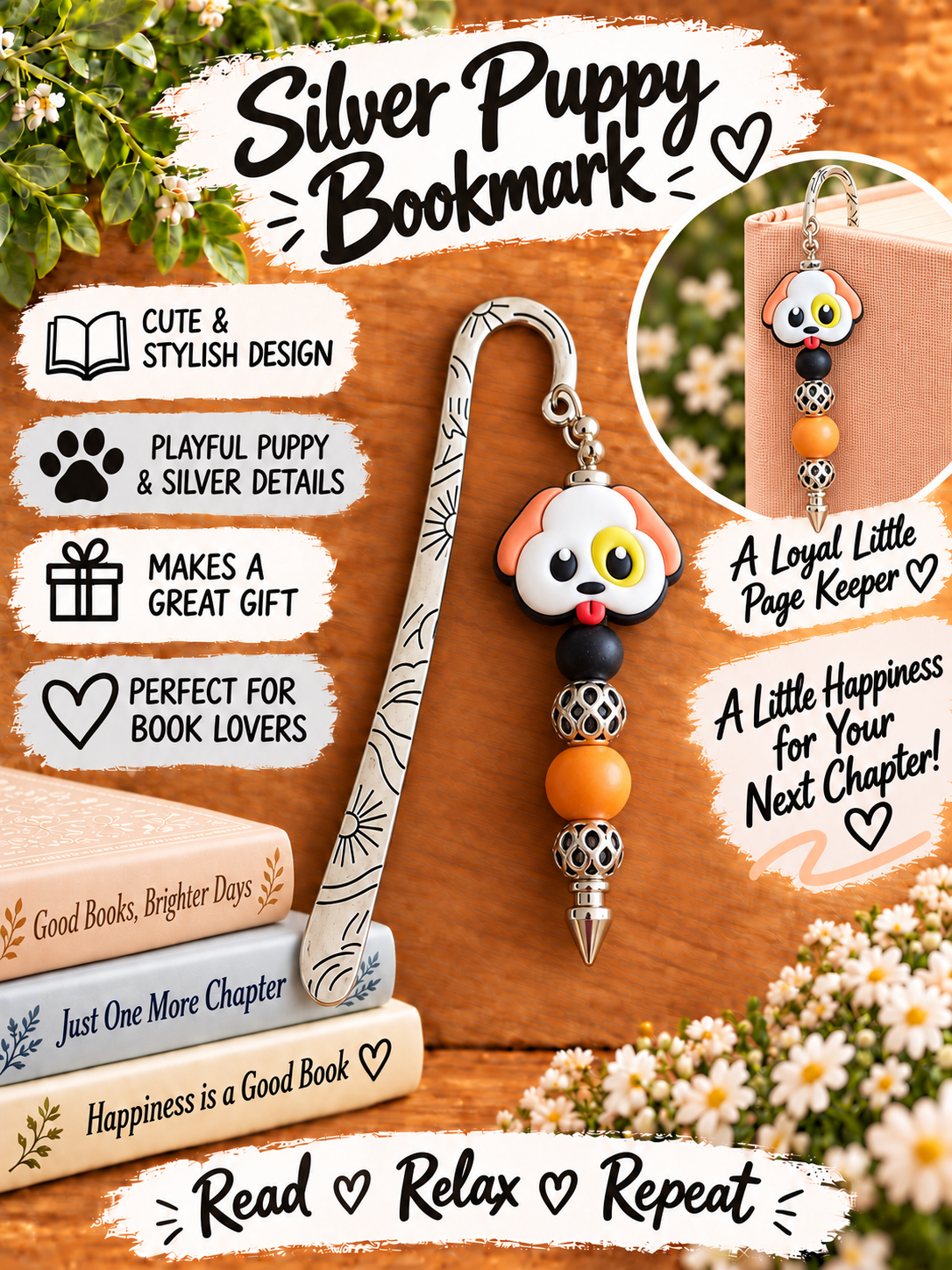 Handcrafted Silver-Toned Adorable Puppy Bookmark