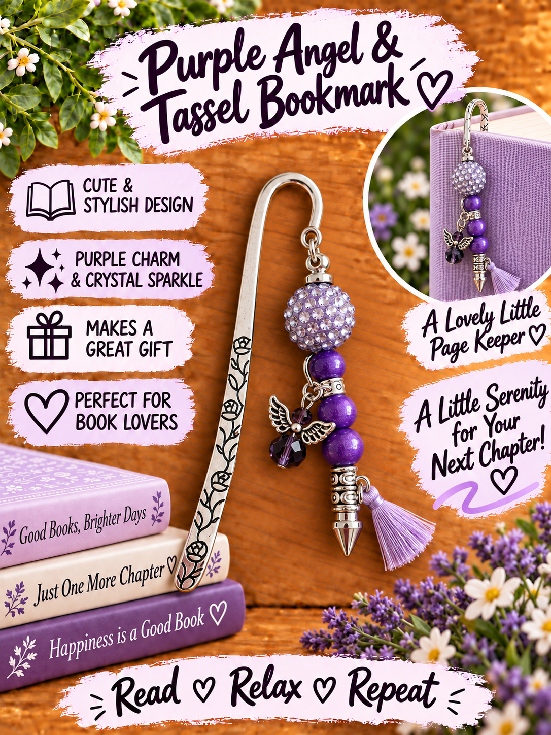Handcrafted Silver-Toned Purple Angel &amp; Tassel Bookmark