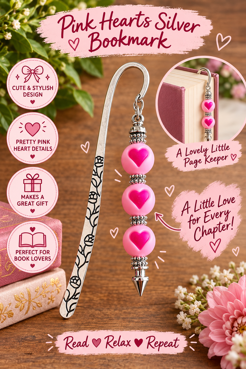Handcrafted Pink Hearts Silver Toned Bookmark