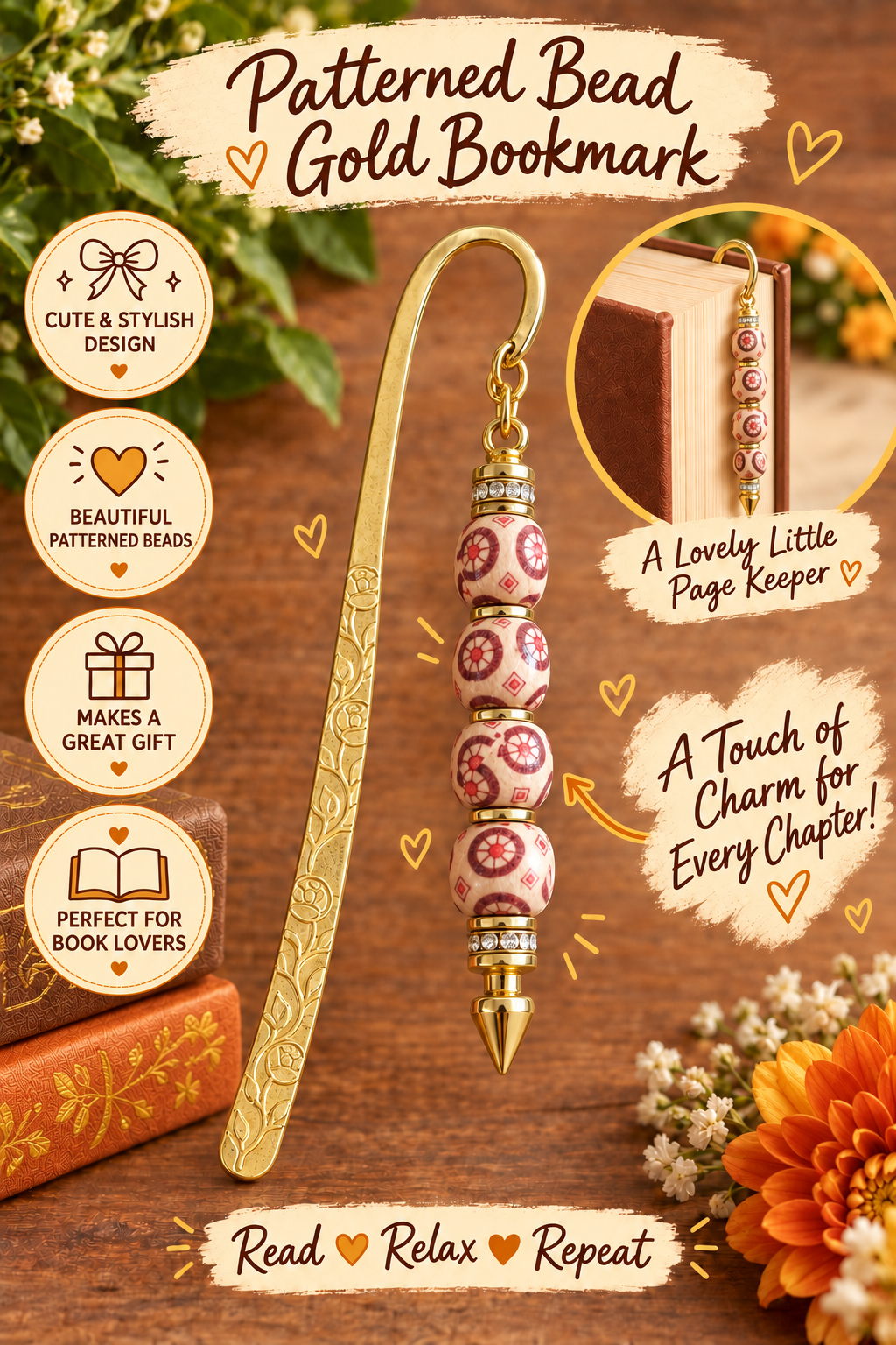 Patterned and Beautiful Wooden Beaded Gold Toned Bookmark