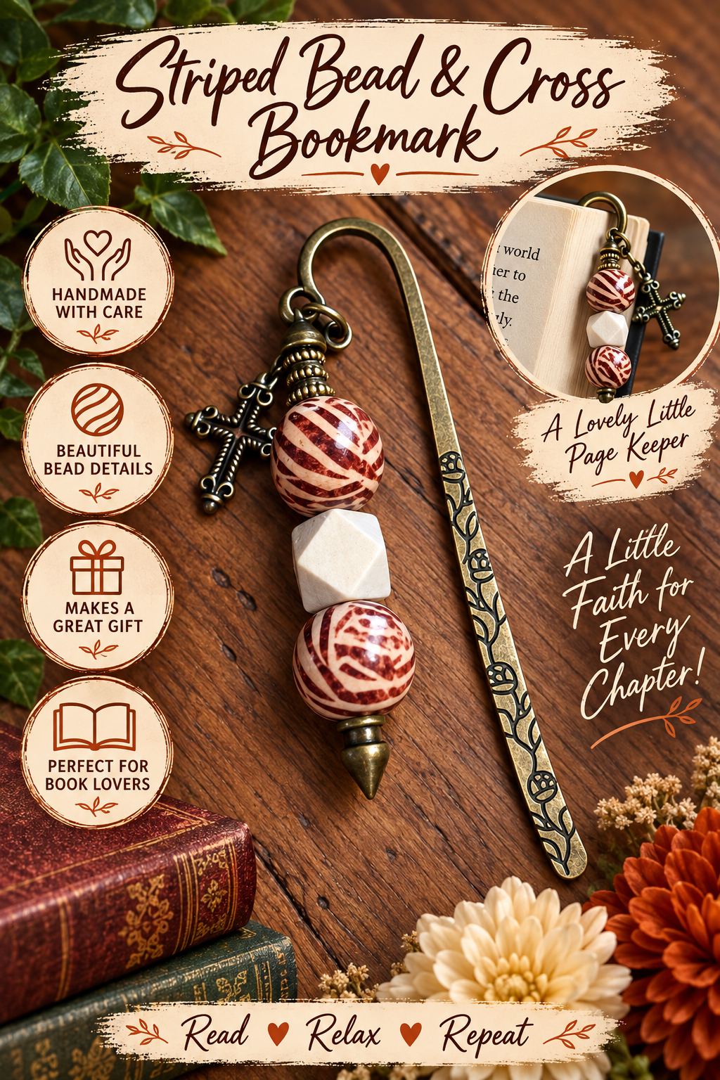 Handcrafted Bronze Bookmark with Cross Charm & Wooden Beads