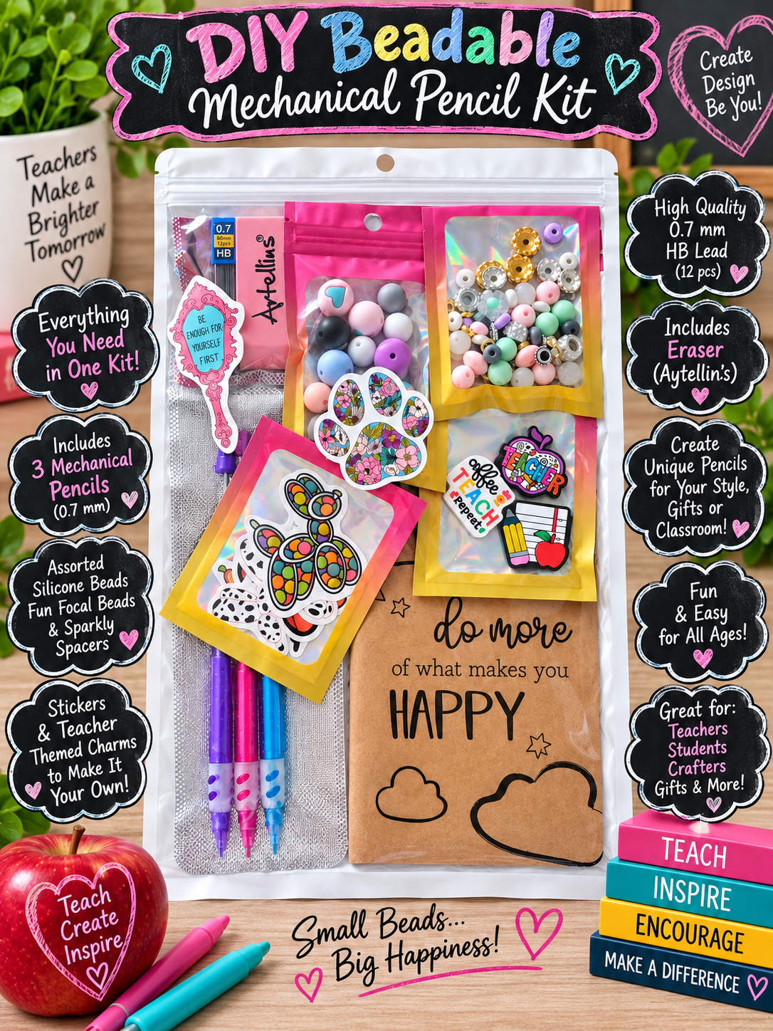 DIY Beadable Mechanical Pencil Kit - Coffee, Teach, Repeat - 3 Pack
