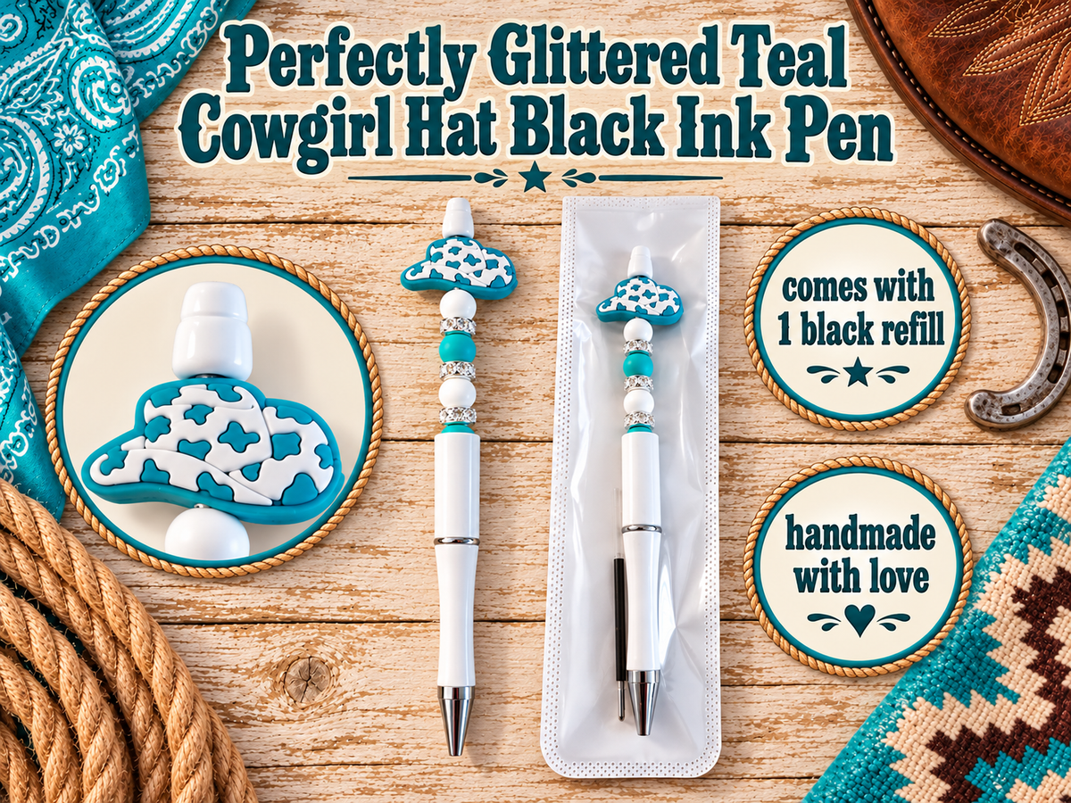 Handcrafted Teal & White Cowgirl Hat Black Ink Pen