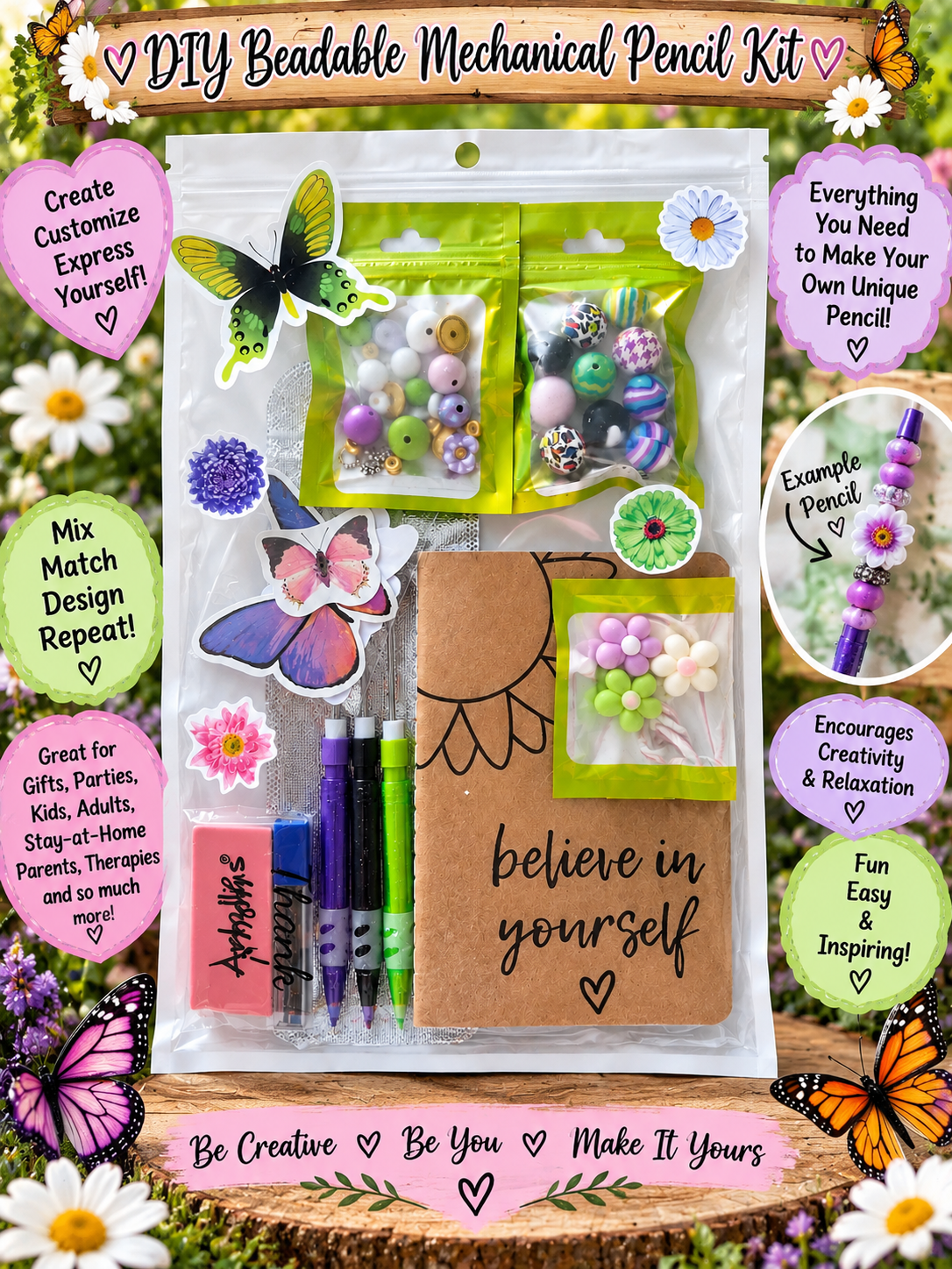 DIY Beadable Mechanical Pencil Kit - Daisies and Butterflies - 3 Pack
