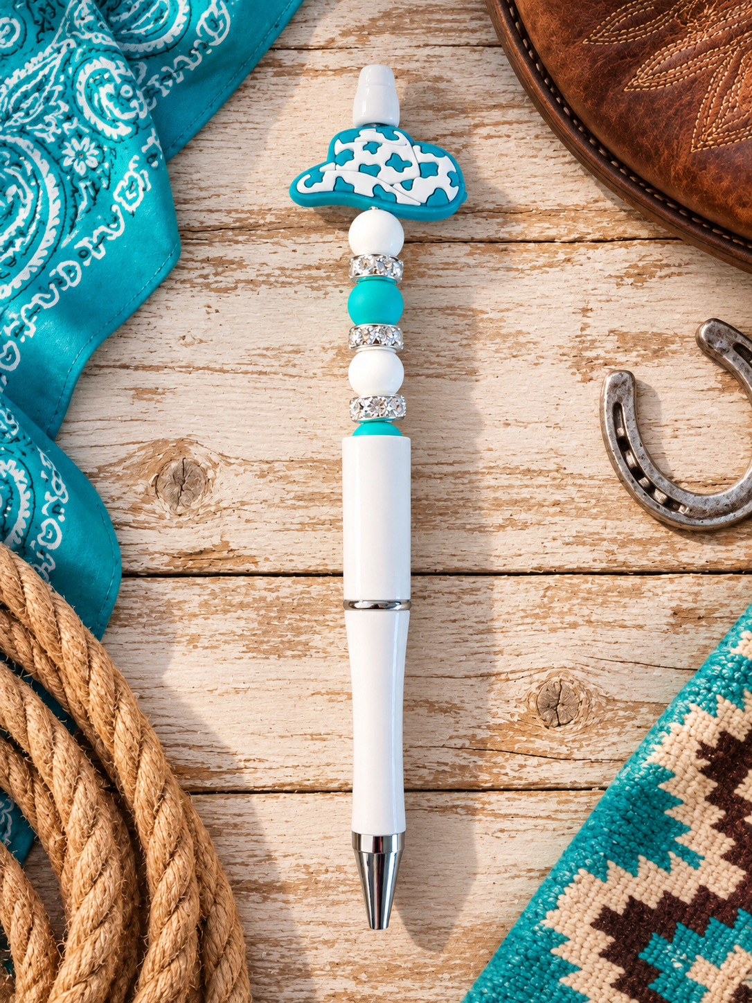 Handcrafted Teal & White Cowgirl Hat Black Ink Pen