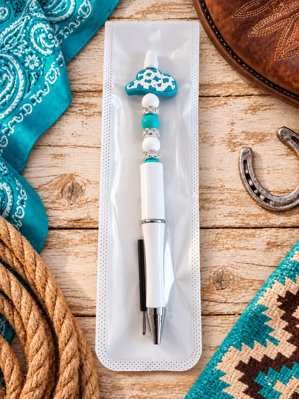 Handcrafted Teal & White Cowgirl Hat Black Ink Pen