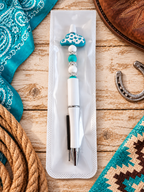 Handcrafted Teal & White Cowgirl Hat Black Ink Pen