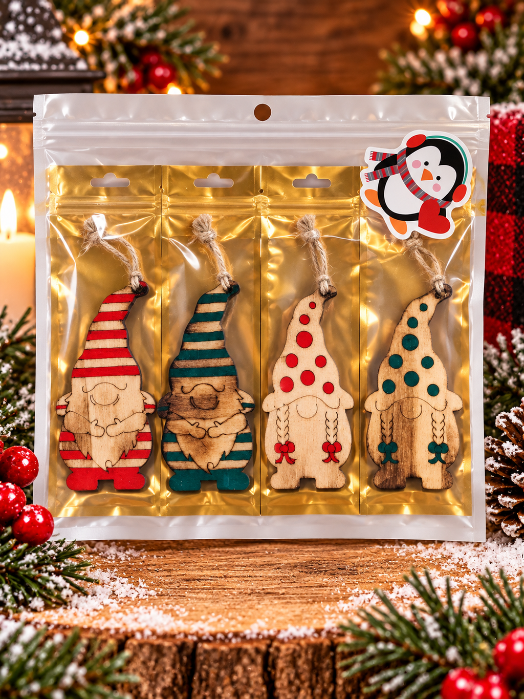 Hand painted, burned, and handmade - Adorable Christmas Gnome Ornaments - Set of 4