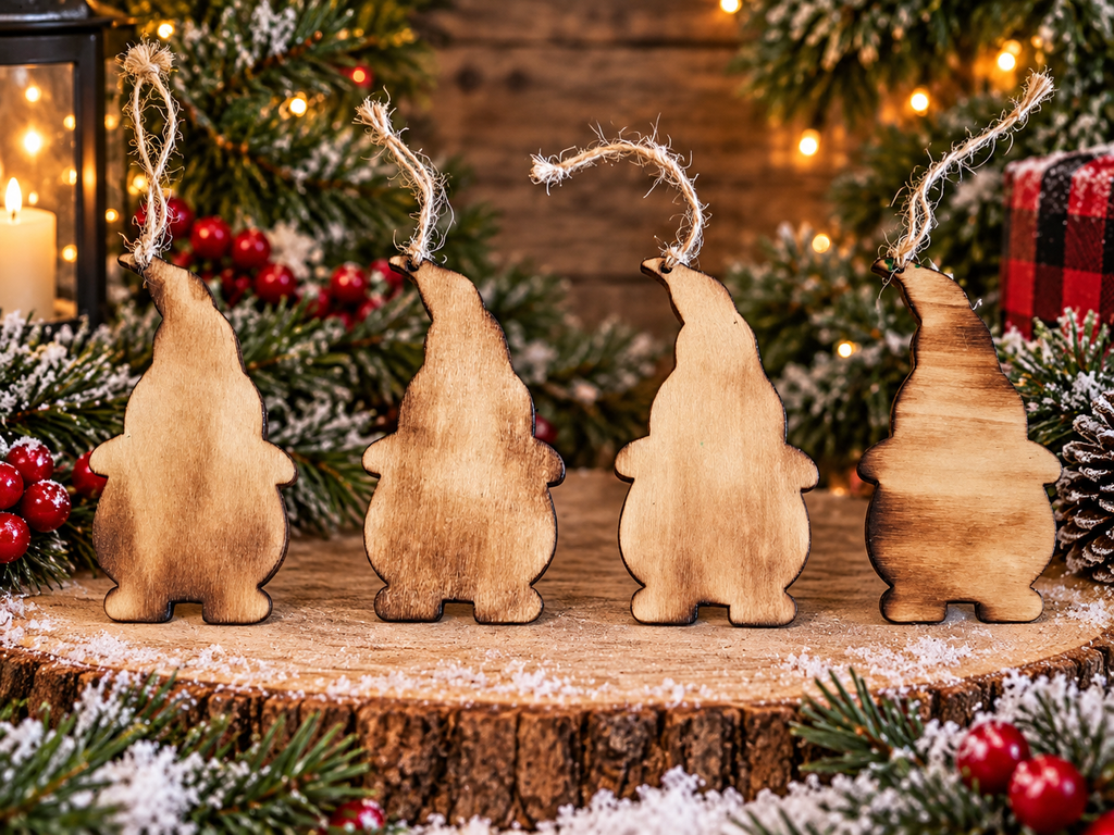 Hand painted, burned, and handmade - Adorable Christmas Gnome Ornaments - Set of 4