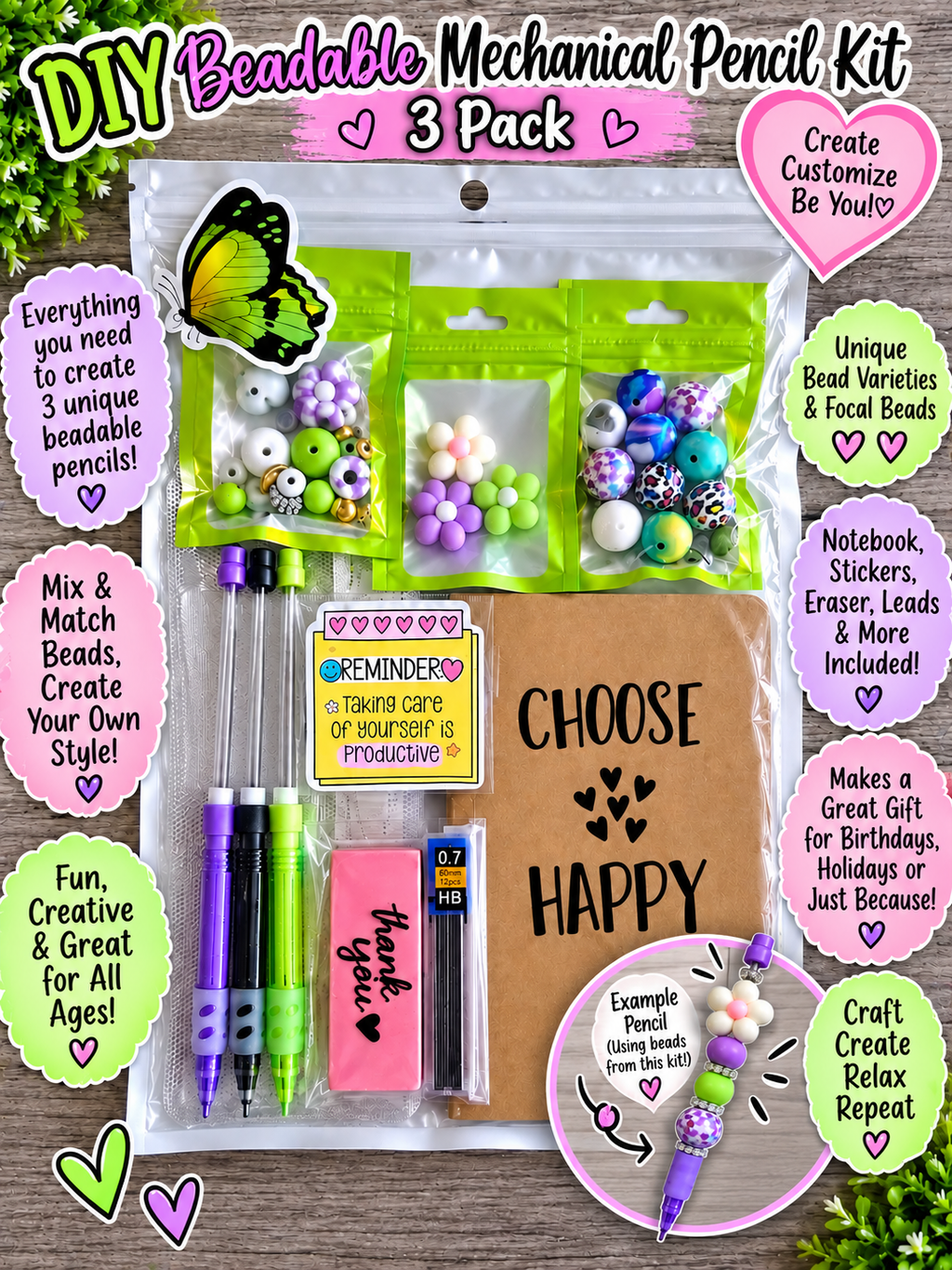 DIY Beadable Mechanical Pencil Kit - Flower - 3 Pack