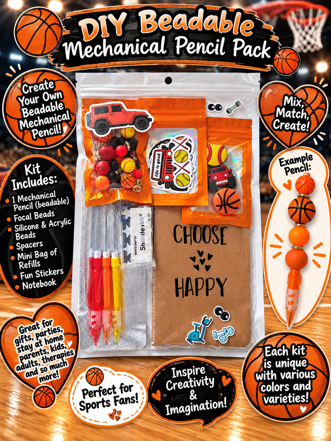 DIY Beadable Mechanical Pencil Kit – Sports - Choose Happy, Be Strong - 3 Pack