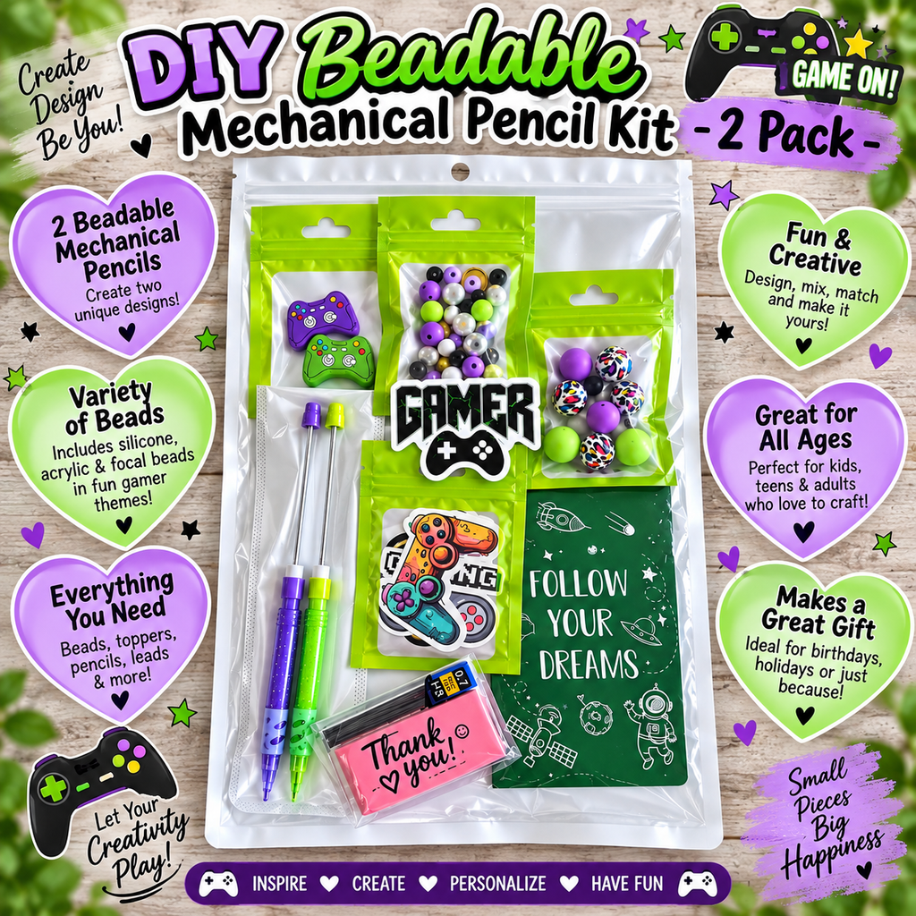 DIY Beadable Mechanical Pencil Kit - Gamer Theme Green & Purple Controllers - 2 Pack