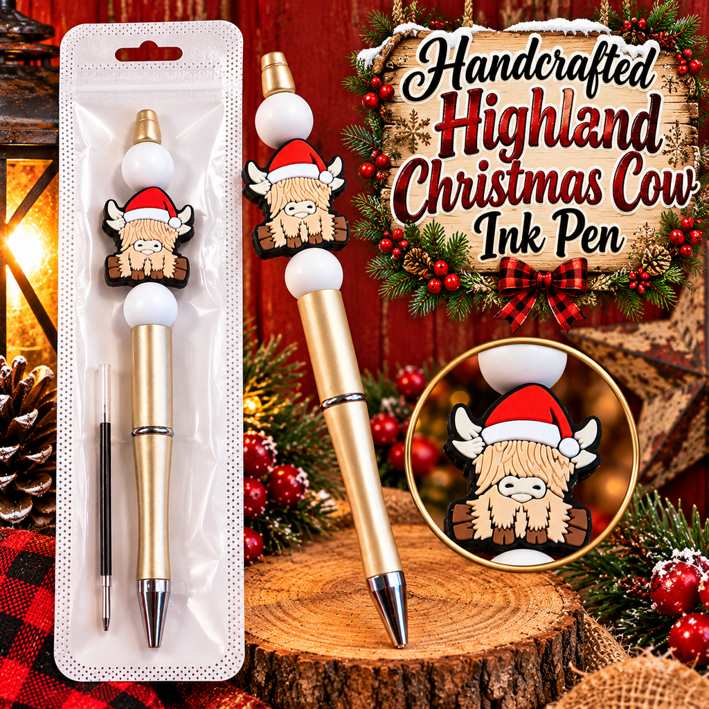 Handcrafted Highland Christmas Cow Black Ink Pen