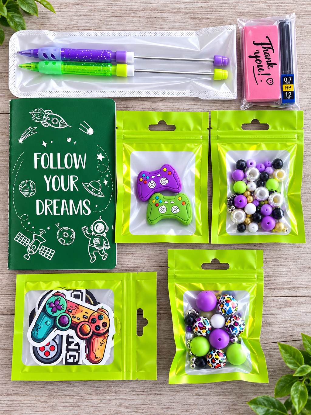 DIY Beadable Mechanical Pencil Kit - Gamer Theme Green & Purple Controllers - 2 Pack