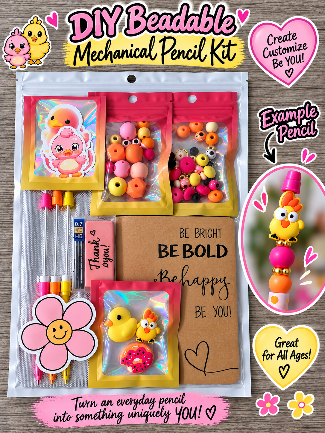 DIY Beadable Mechanical Pencil Kit - Simply Adorbs Chick, Duck, Donut - 3 Pack